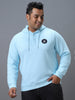 Plus Men's Blue Cotton Solid Button Hooded Neck Sweatshirt