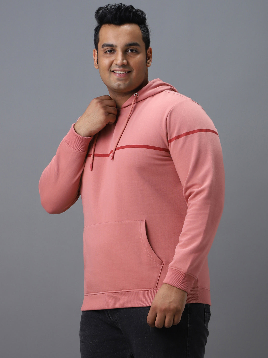 Plus Men's Pink Cotton Solid Hooded Neck Sweatshirt