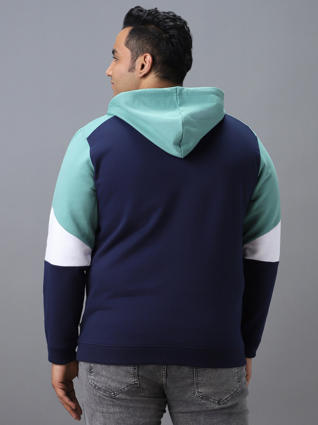 Plus Men's Blue, Green Cotton Colour Block Hooded Neck Sweatshirt