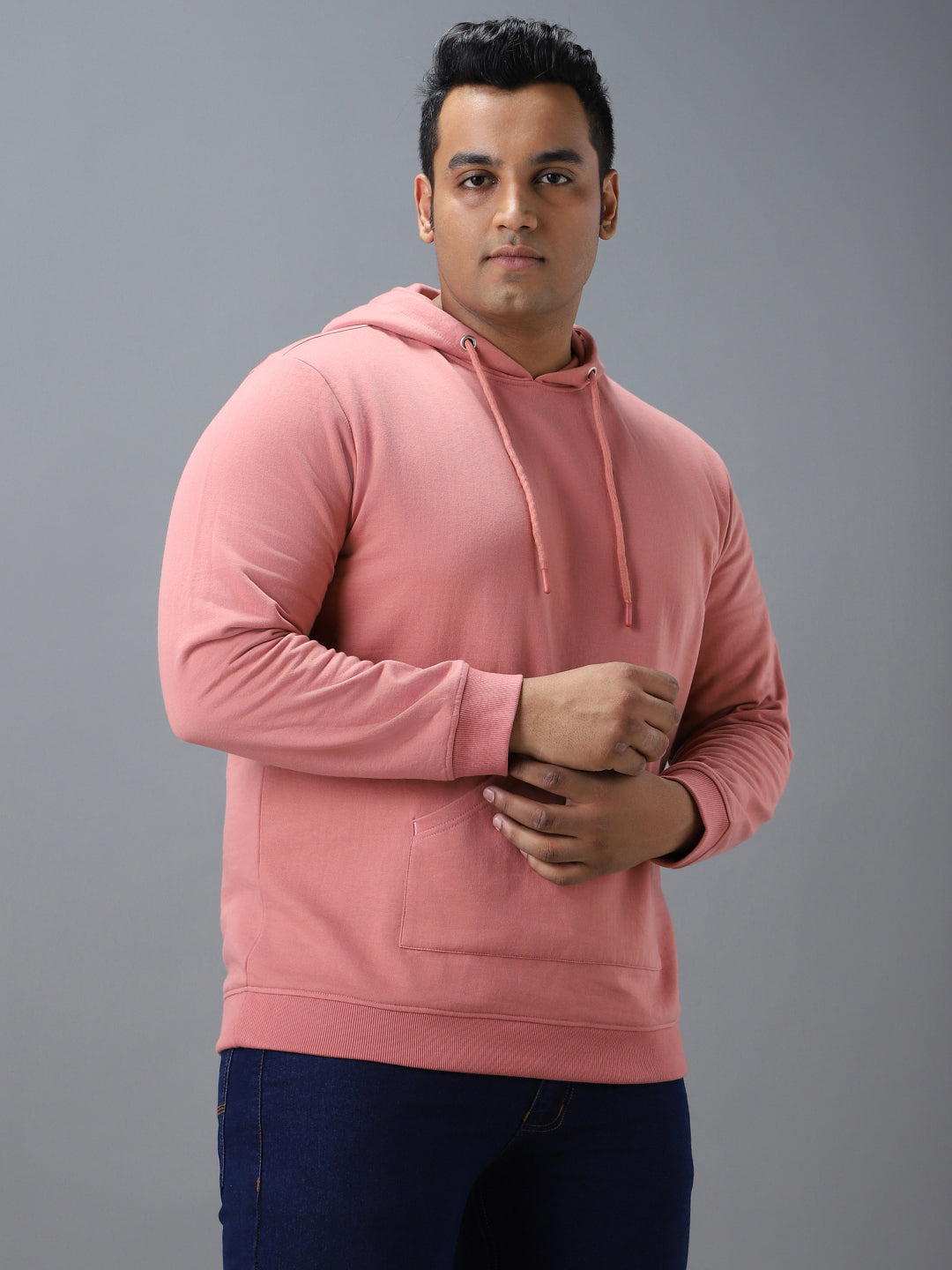Plus Men's Pink Cotton Solid Hooded Neck Sweatshirt