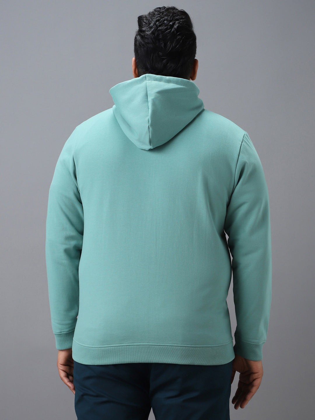 Plus Men's Green Cotton Solid Zippered Hooded Neck Sweatshirt