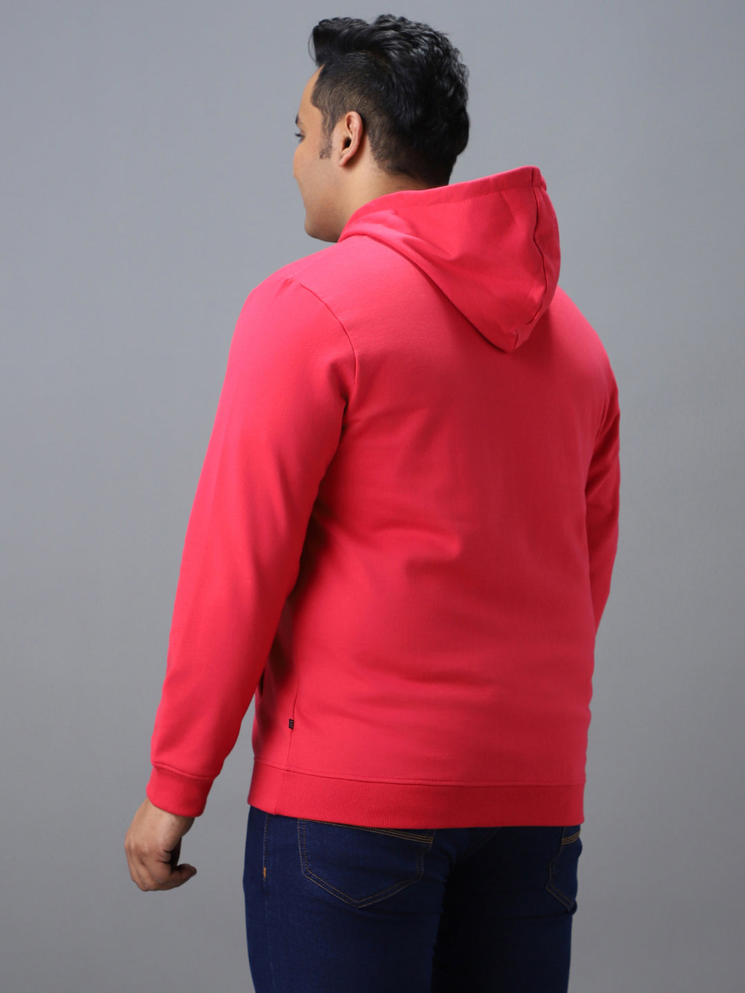 Plus Men's Pink Cotton Solid Zippered Hooded Neck Sweatshirt