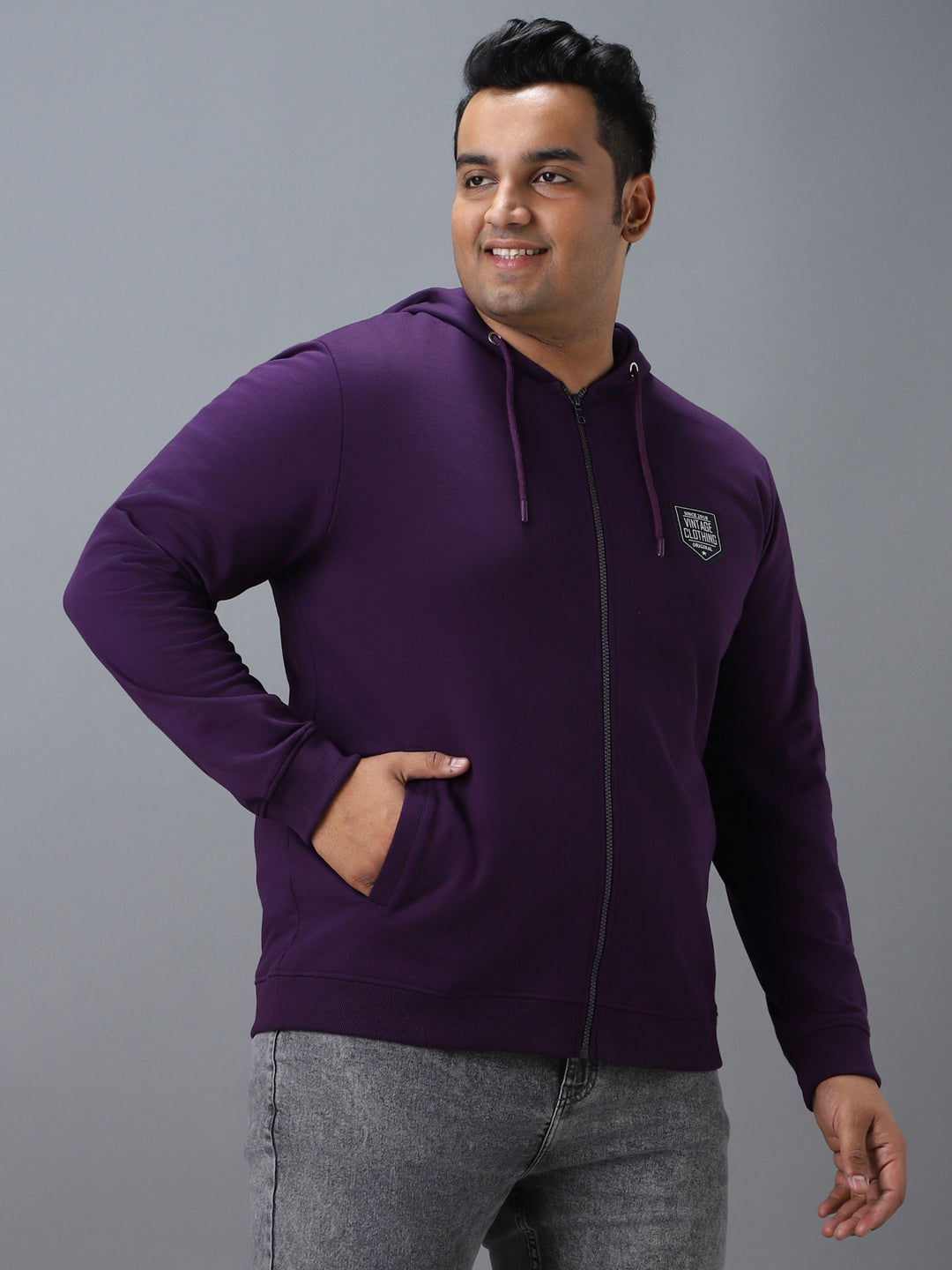 Plus Men's Purple Cotton Solid Zippered Hooded Neck Sweatshirt