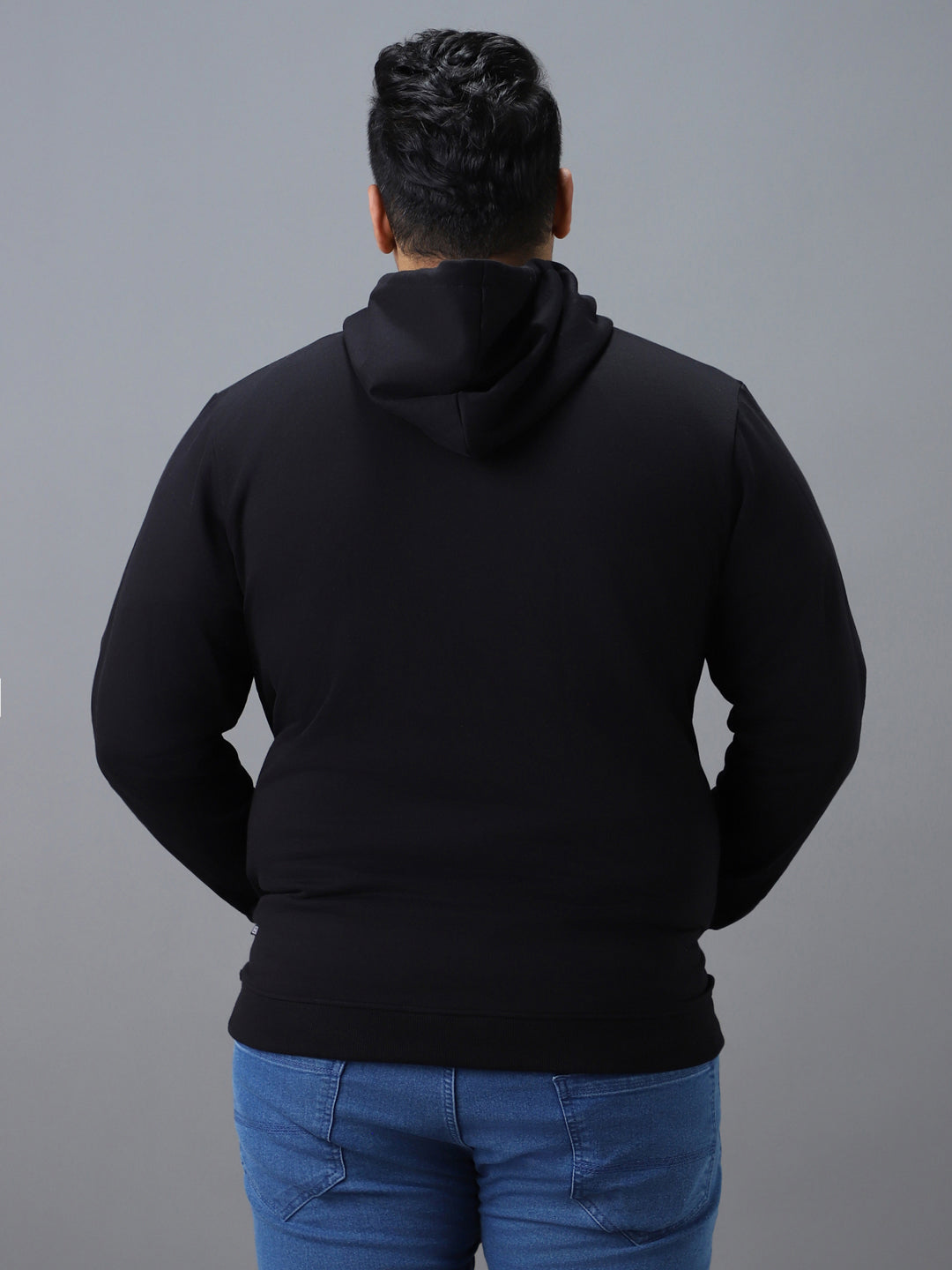 Plus Men's Black Cotton Solid Zippered Hooded Neck Sweatshirt