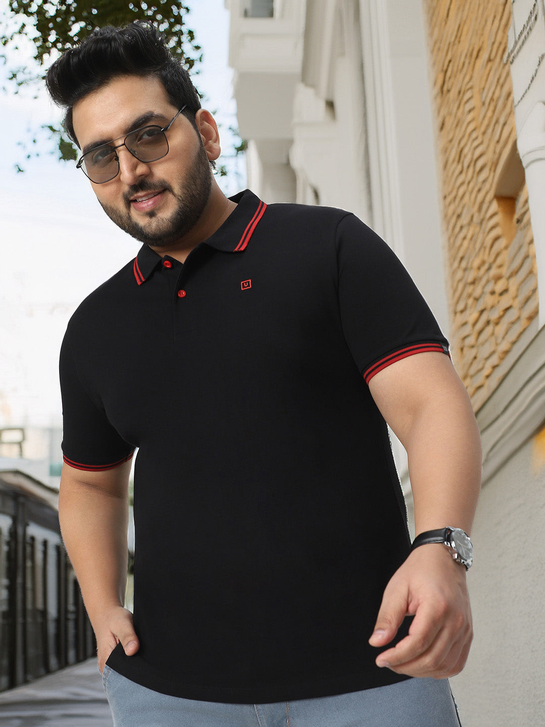 Plus Men's Black Solid Cotton Polo T-Shirt