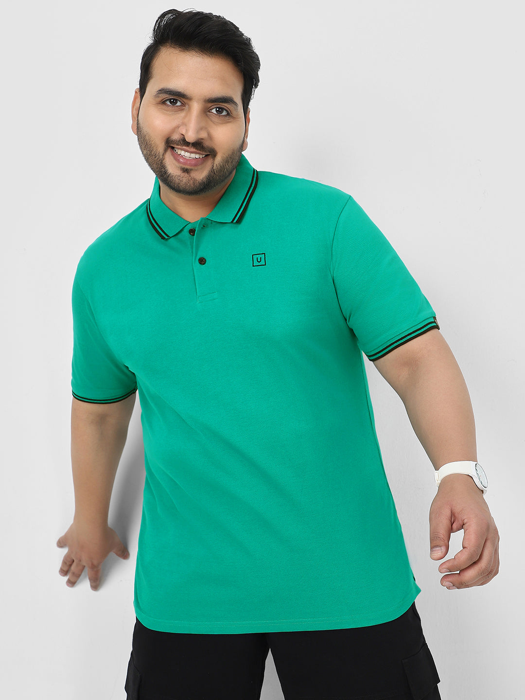 Plus Men's Teal Green Solid Cotton Polo T-Shirt
