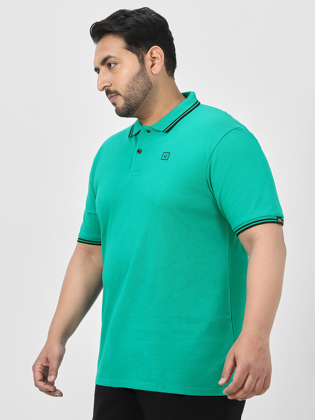 Plus Men's Teal Green Solid Cotton Polo T-Shirt