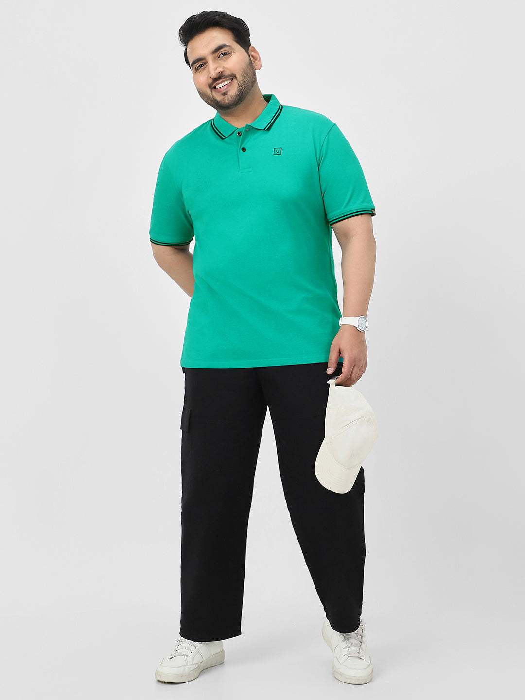 Plus Men's Teal Green Solid Cotton Polo T-Shirt