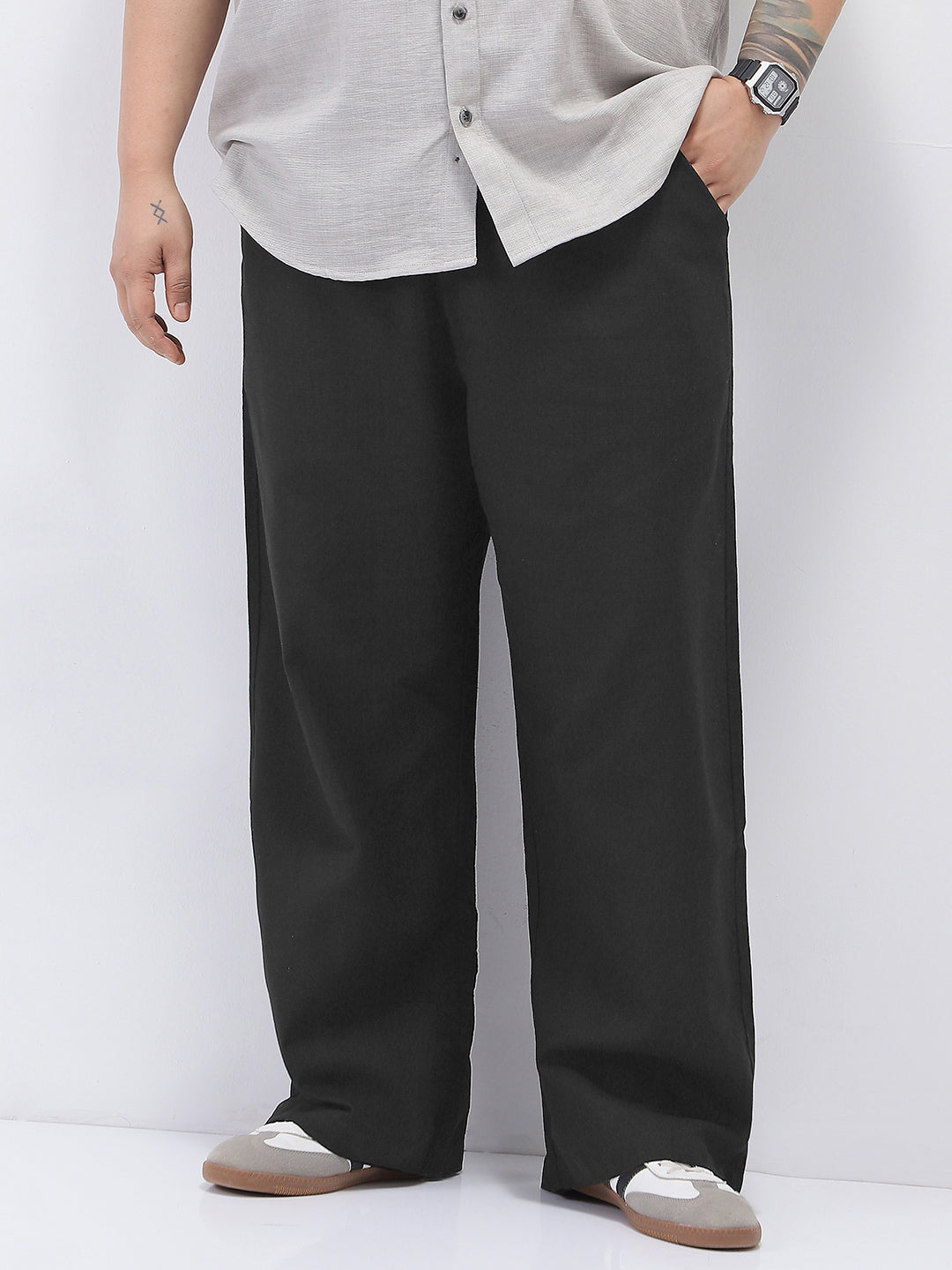 Plus Men's Black Loose Fit Solid Linen Blend Trousers Non-Stretchable
