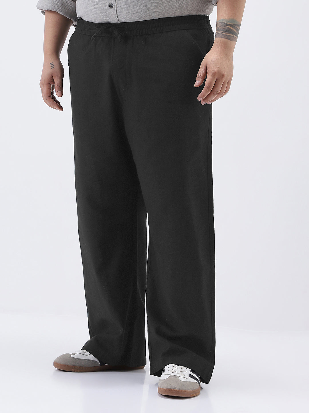 Plus Men's Black Loose Fit Solid Linen Blend Trousers Non-Stretchable