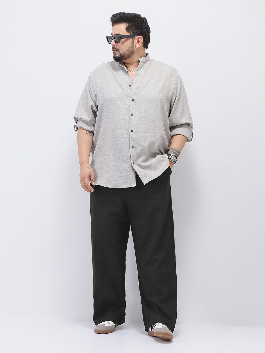 Plus Men's Black Loose Fit Solid Linen Blend Trousers Non-Stretchable