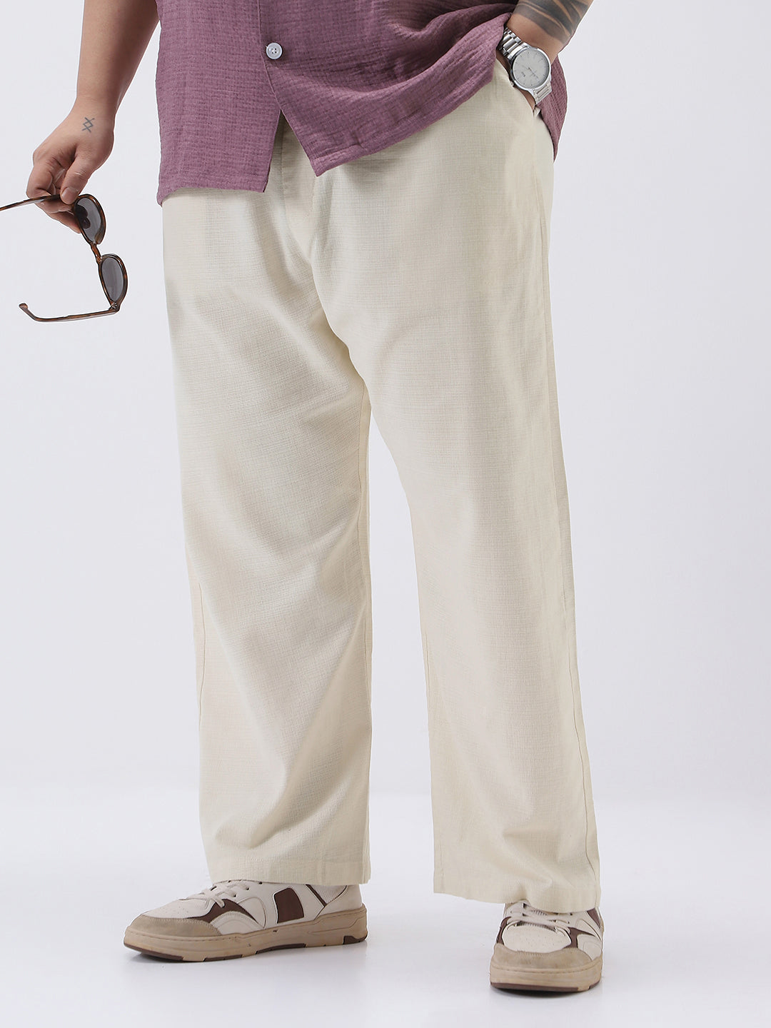 Plus Men's Cream Loose Fit Solid Linen Blend Trousers Non-Stretchable