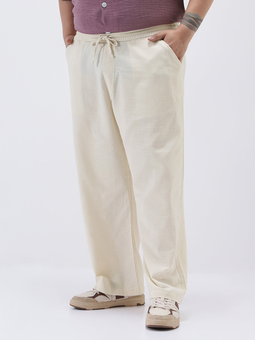 Plus Men's Cream Loose Fit Solid Linen Blend Trousers Non-Stretchable