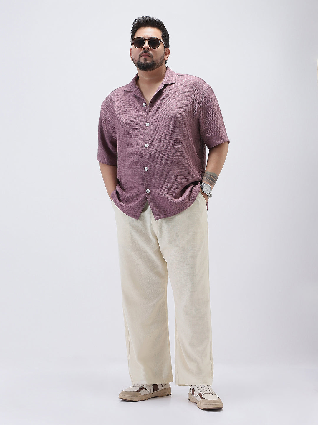 Plus Men's Cream Loose Fit Solid Linen Blend Trousers Non-Stretchable