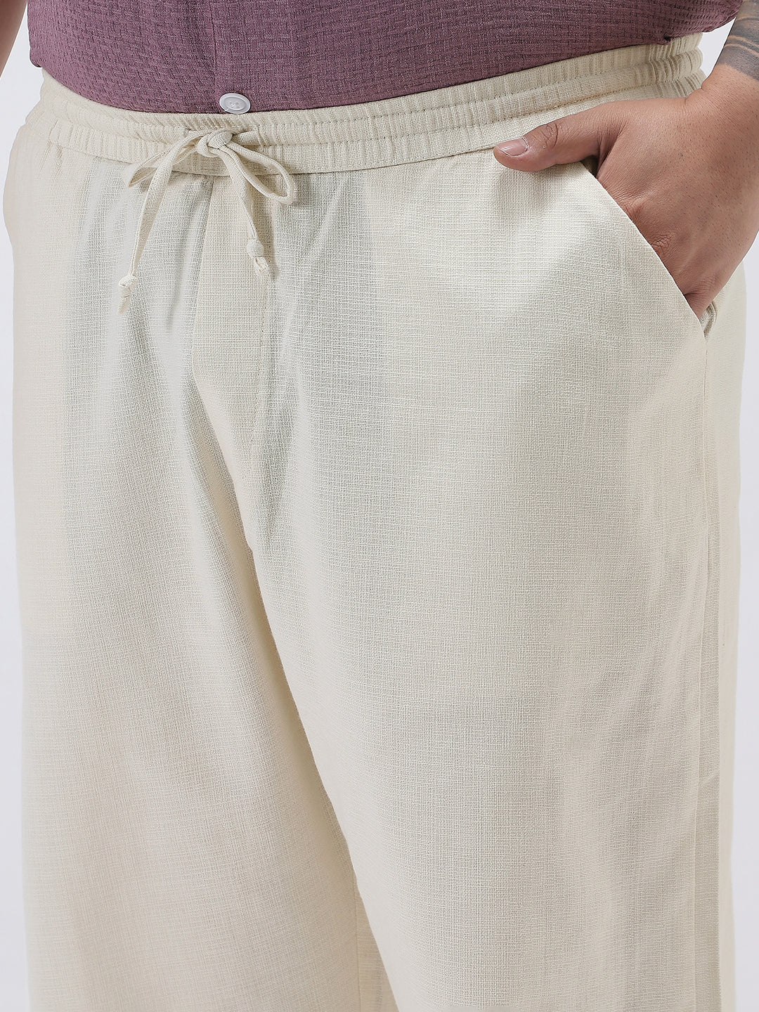 Plus Men's Cream Loose Fit Solid Linen Blend Trousers Non-Stretchable