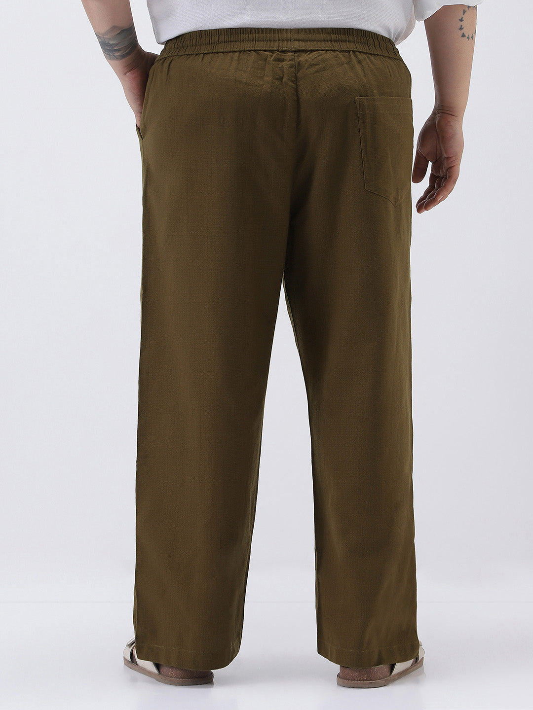 Plus Men's Khaki Loose Fit Solid Linen Blend Trousers Non-Stretchable