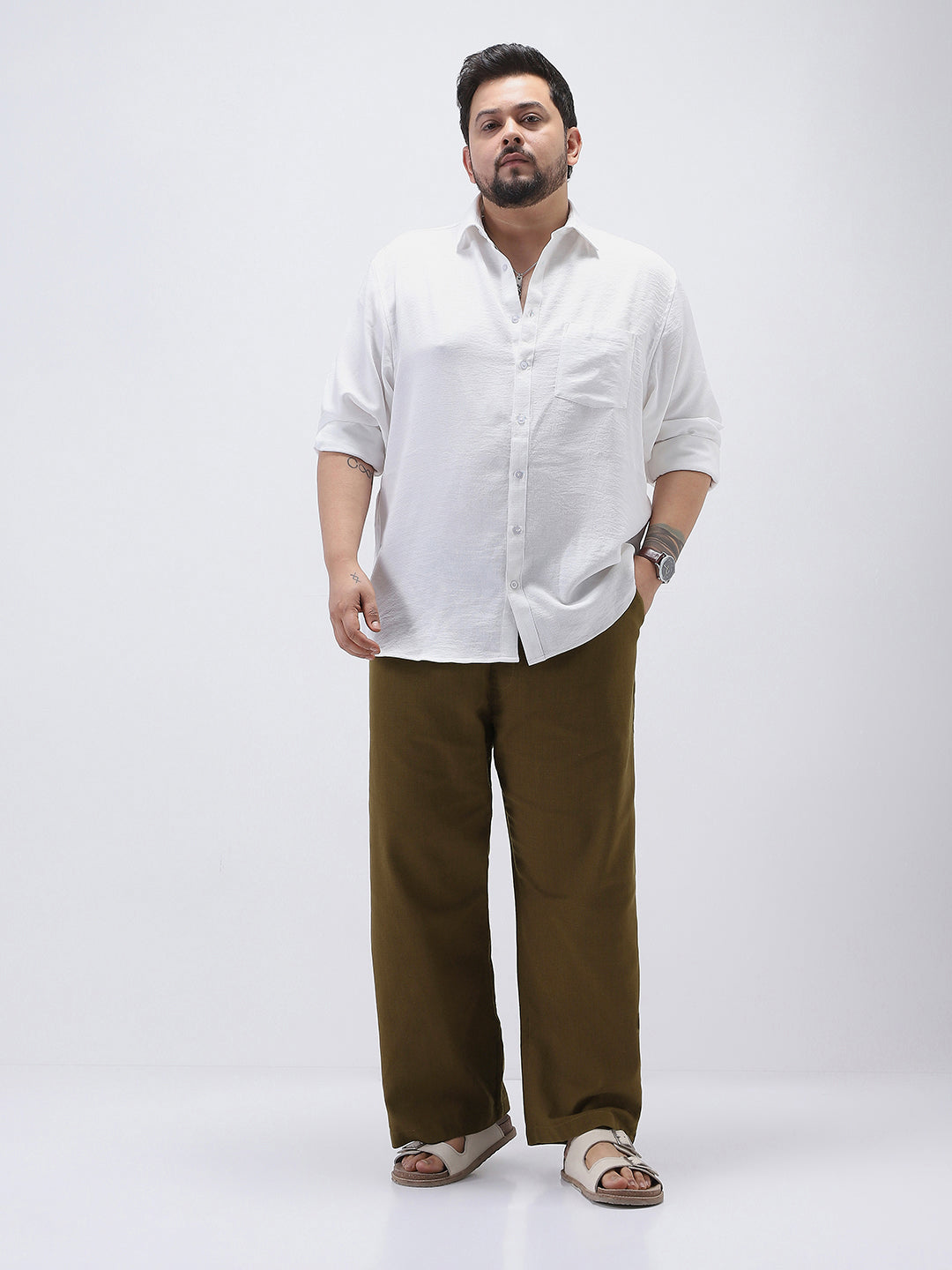 Plus Men's Khaki Loose Fit Solid Linen Blend Trousers Non-Stretchable