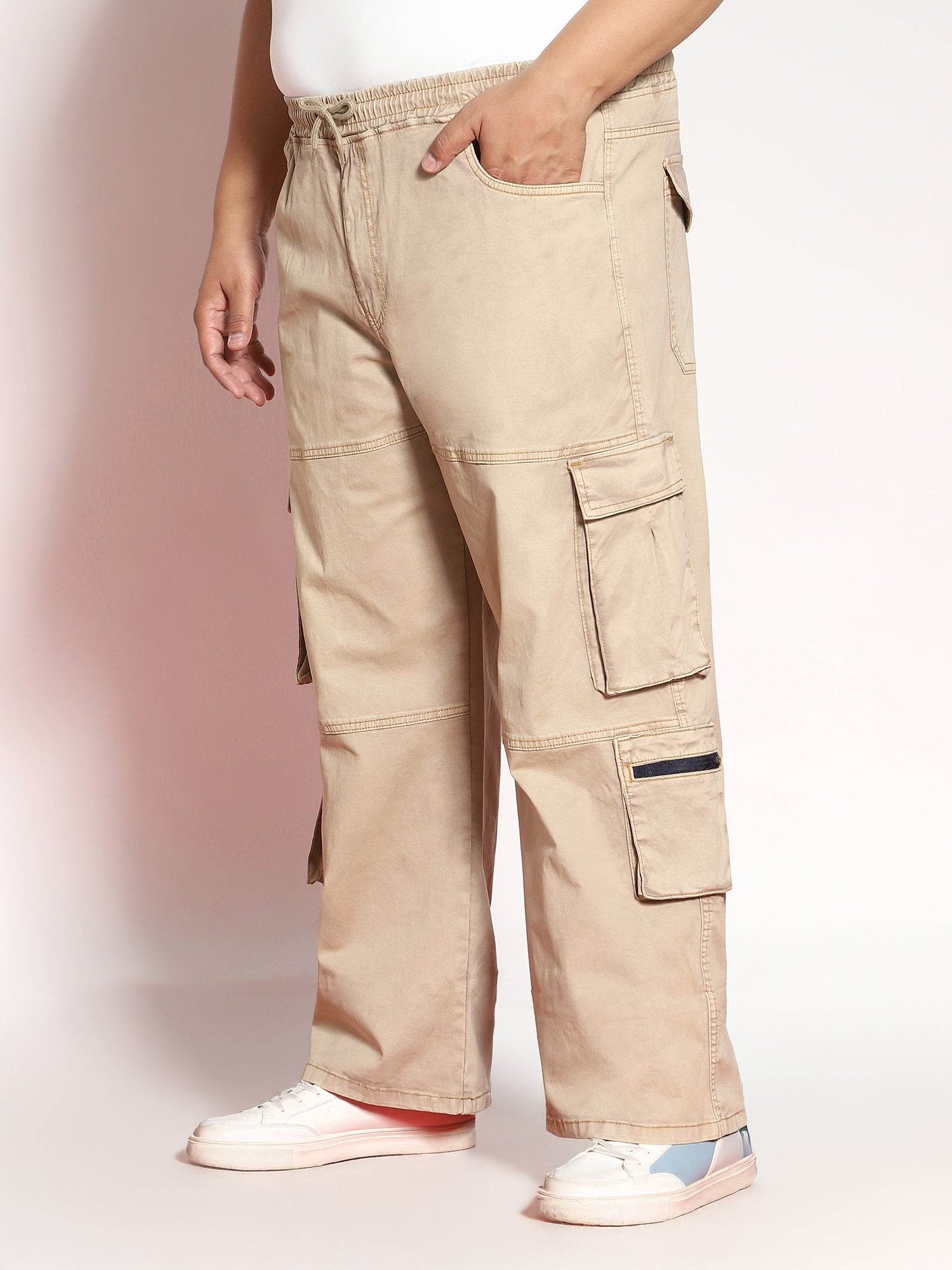 Plus Men's Dark Beige Loose Baggy Fit Travel Cargo Jeans With 8 Pockets Stretchable