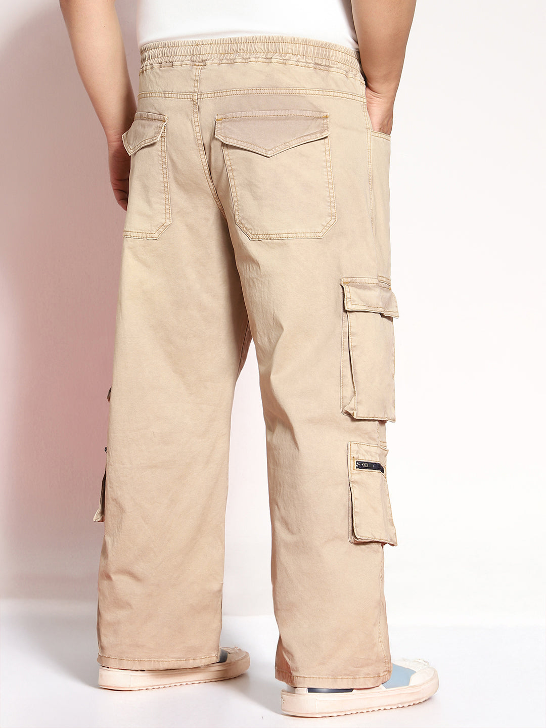 Plus Men's Dark Beige Loose Baggy Fit Travel Cargo Jeans With 8 Pockets Stretchable