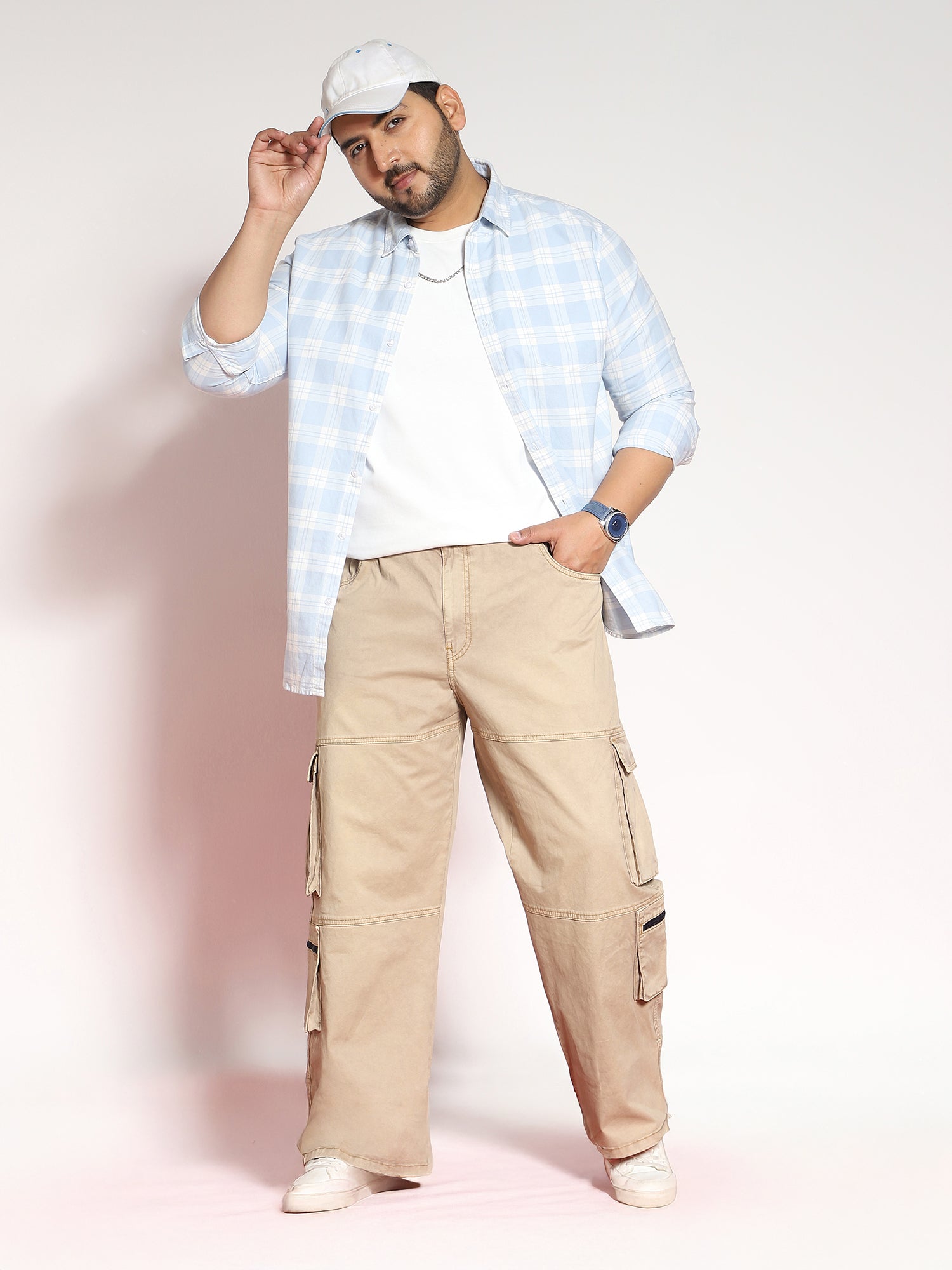 Plus Men's Dark Beige Loose Baggy Fit Travel Cargo Jeans With 8 Pockets Stretchable