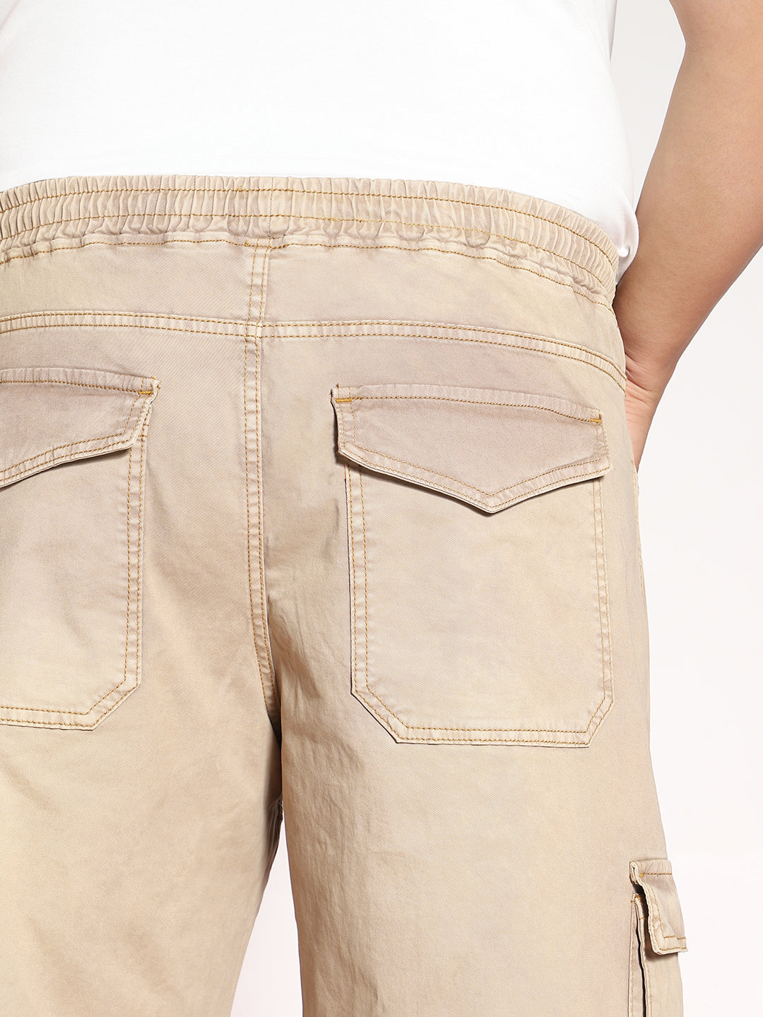 Plus Men's Dark Beige Loose Baggy Fit Travel Cargo Jeans With 8 Pockets Stretchable