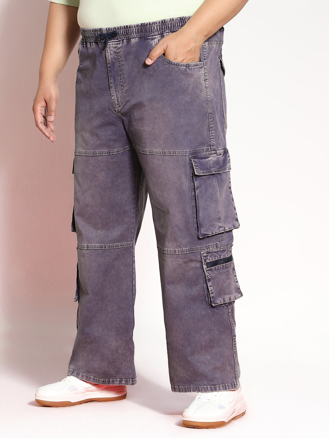Plus Men's Dark Blue Loose Baggy Fit Travel Cargo Jeans With 8 Pockets Stretchable