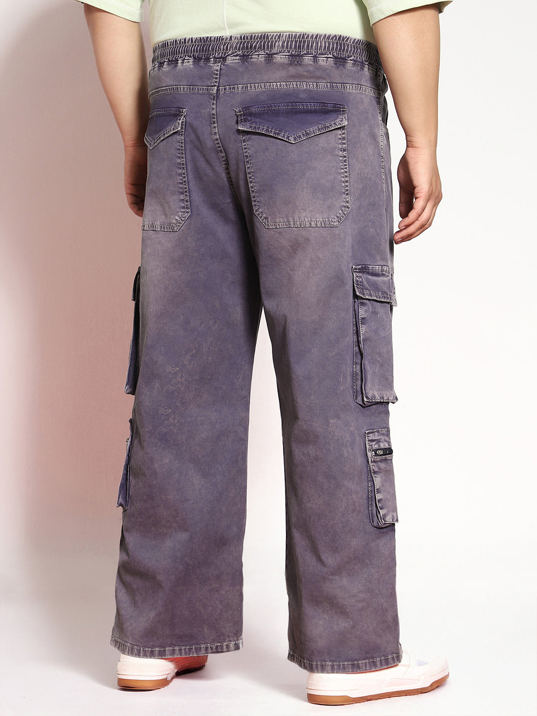 Plus Men's Dark Blue Loose Baggy Fit Travel Cargo Jeans With 8 Pockets Stretchable