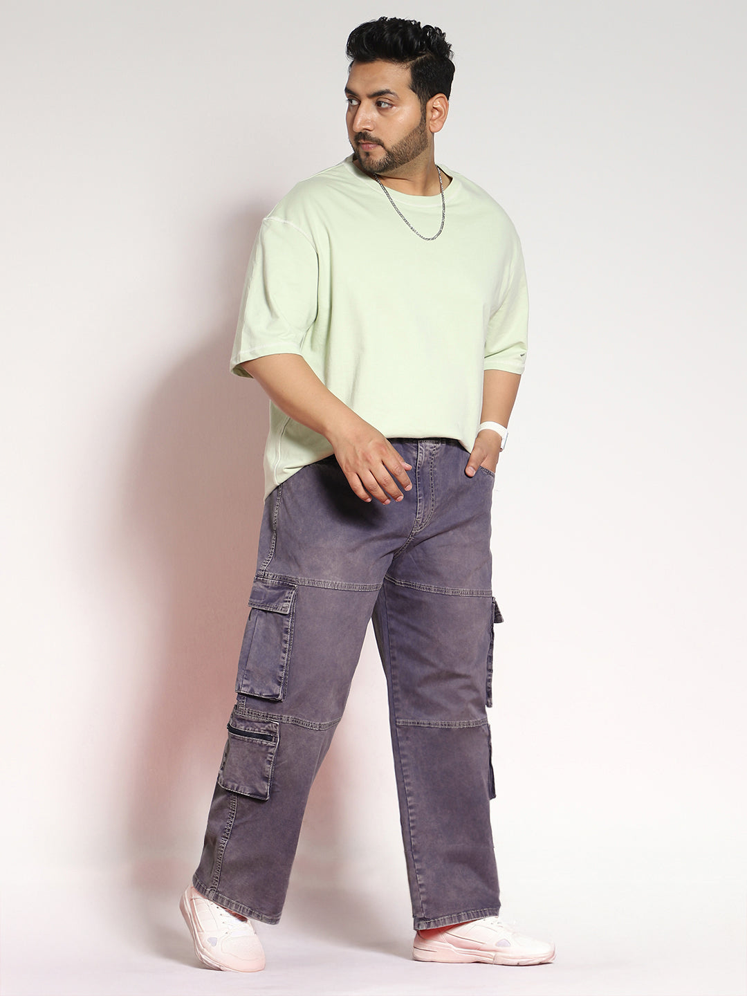 Plus Men's Dark Blue Loose Baggy Fit Travel Cargo Jeans With 8 Pockets Stretchable