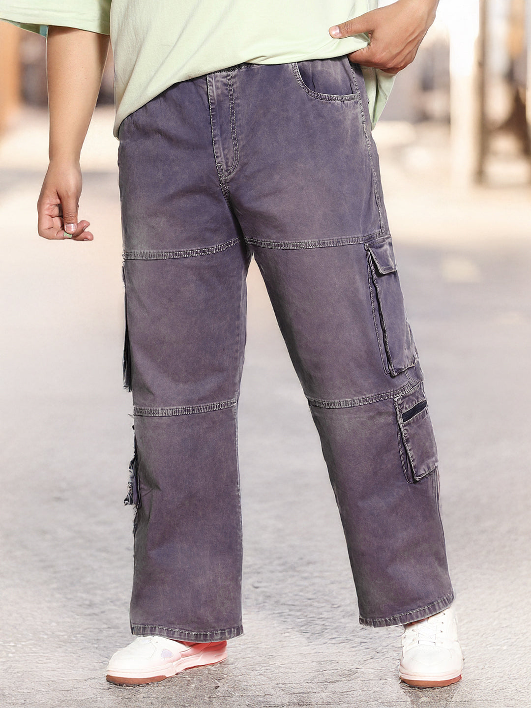 Plus Men's Dark Blue Loose Baggy Fit Travel Cargo Jeans With 8 Pockets Stretchable