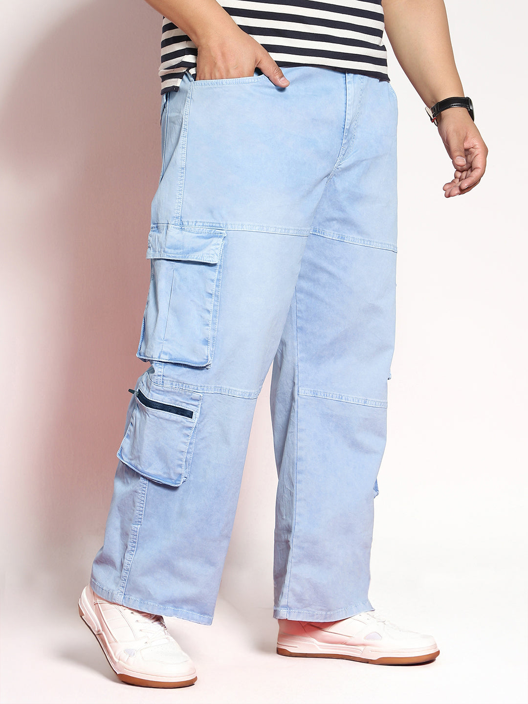 Plus Men's Ice Blue Loose Baggy Fit Travel Cargo Jeans With 8 Pockets Stretchable