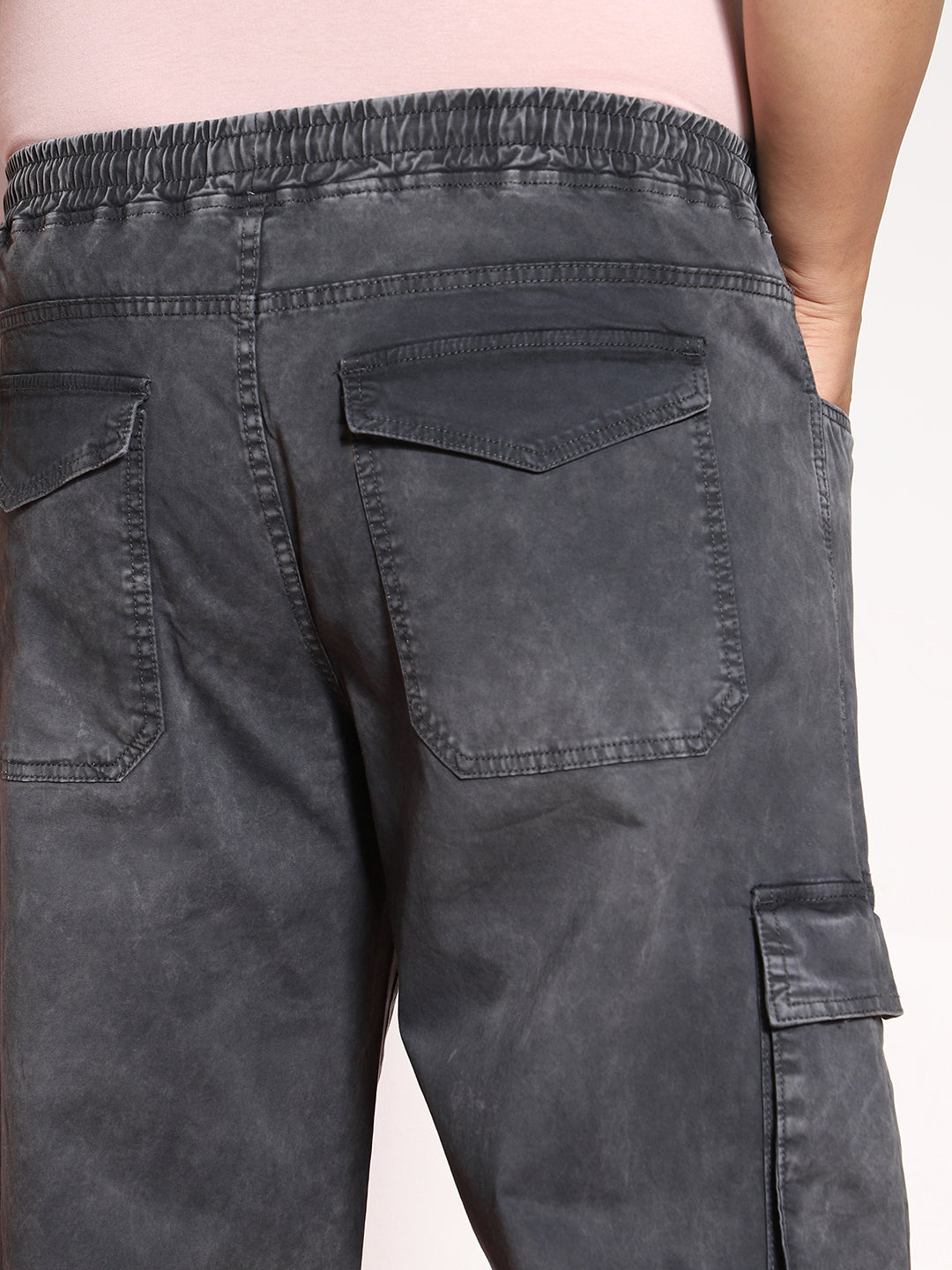 Plus Men's Grey Loose Baggy Fit Travel Cargo Jeans With 8 Pockets Stretchable