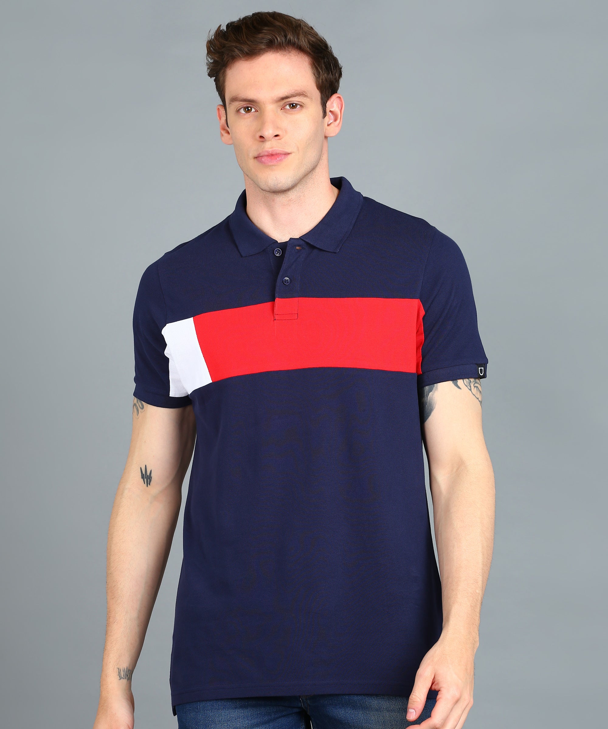 Men's Navy Blue, Red, White Colour-Block Slim Fit Half Sleeve Cotton Polo T-Shirt