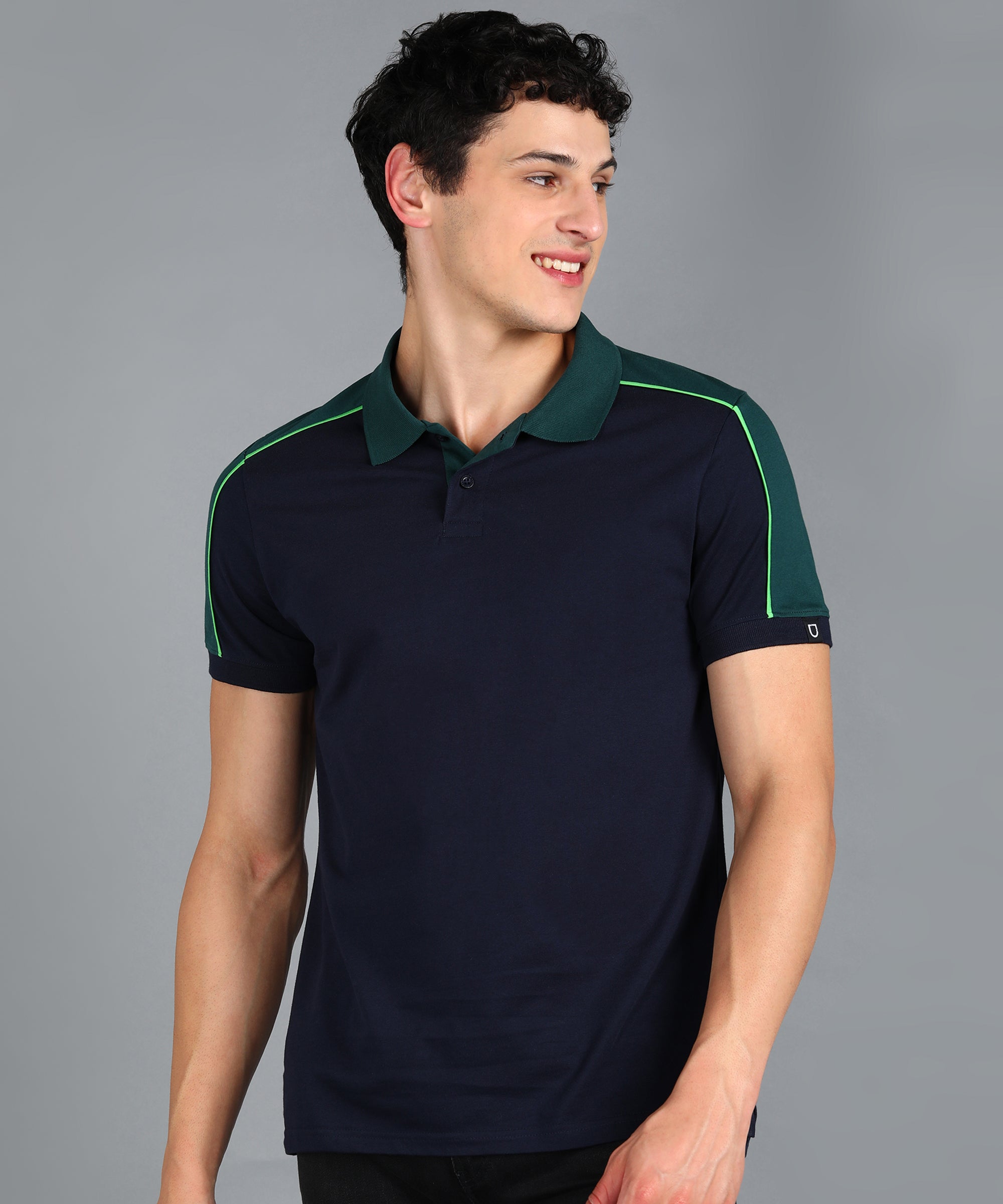 Men's Navy Blue, Green Colour-Block Slim Fit Half Sleeve Cotton