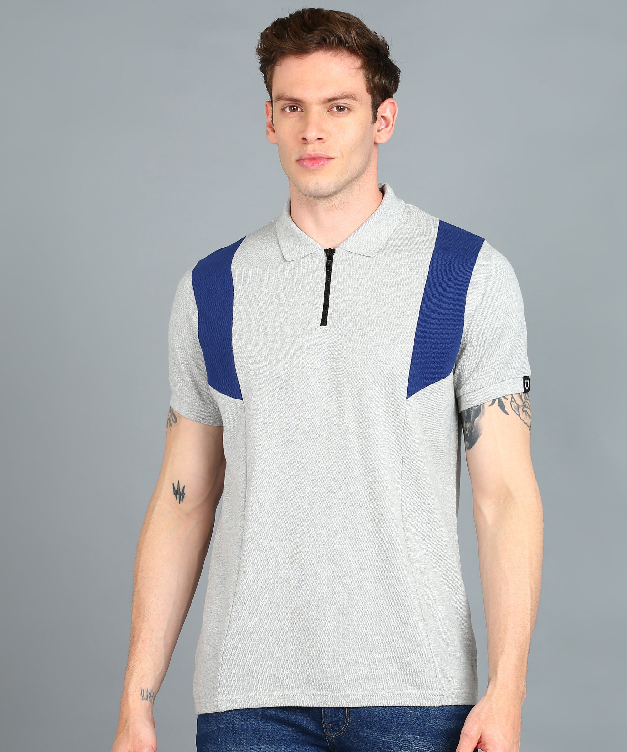 Men's White, Grey Melange, Dark Blue Colour-Block Slim Fit Half Sleeve Cotton Polo T-Shirt