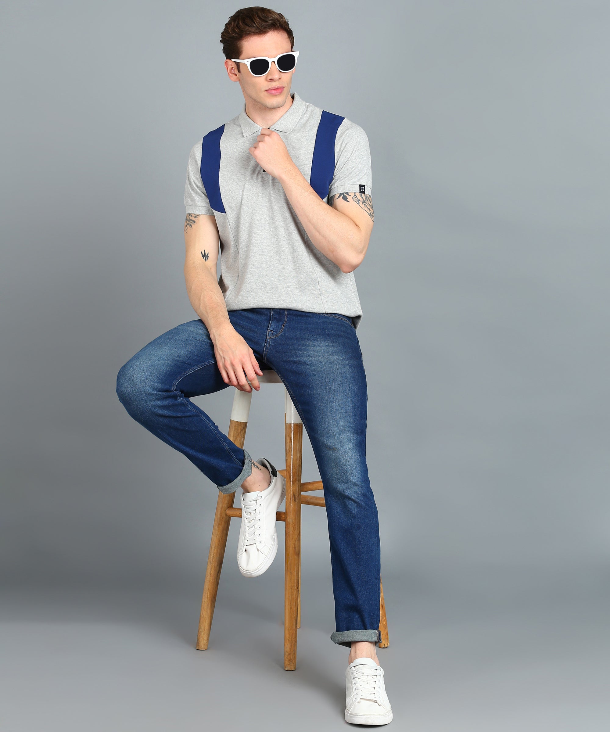 Men's White, Grey Melange, Dark Blue Colour-Block Slim Fit Half Sleeve Cotton Polo T-Shirt