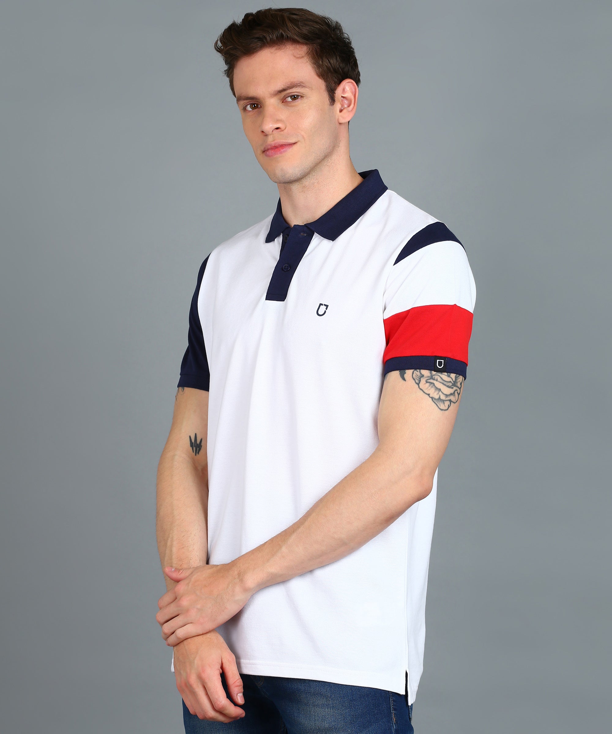 Men's White, Navy Blue, Red Colour-Block Slim Fit Half Sleeve Cotton Polo T-Shirt