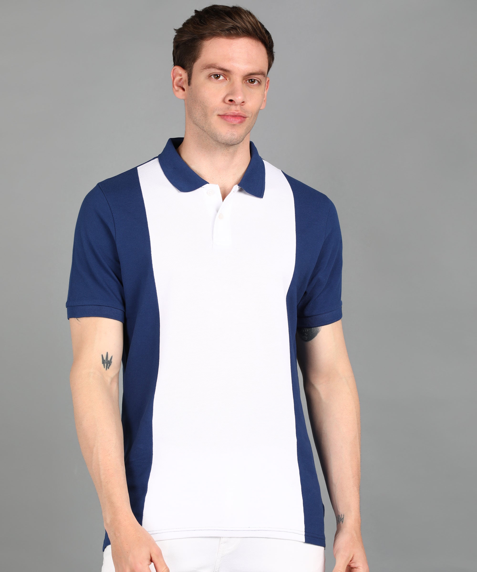 Men's White, Dark Blue Colour-Block Slim Fit Half Sleeve Cotton Polo T-Shirt