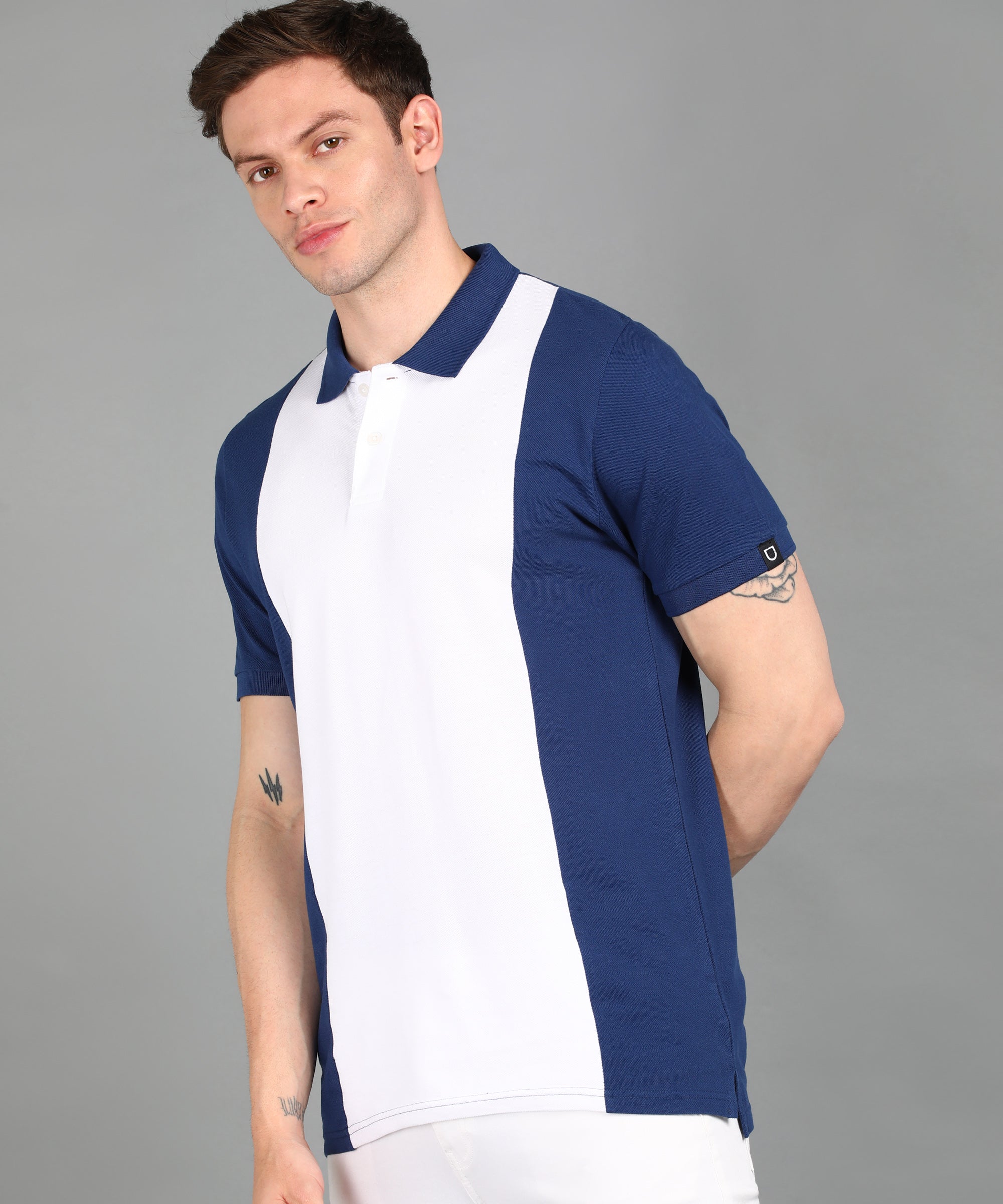 Men's White, Dark Blue Colour-Block Slim Fit Half Sleeve Cotton Polo T-Shirt