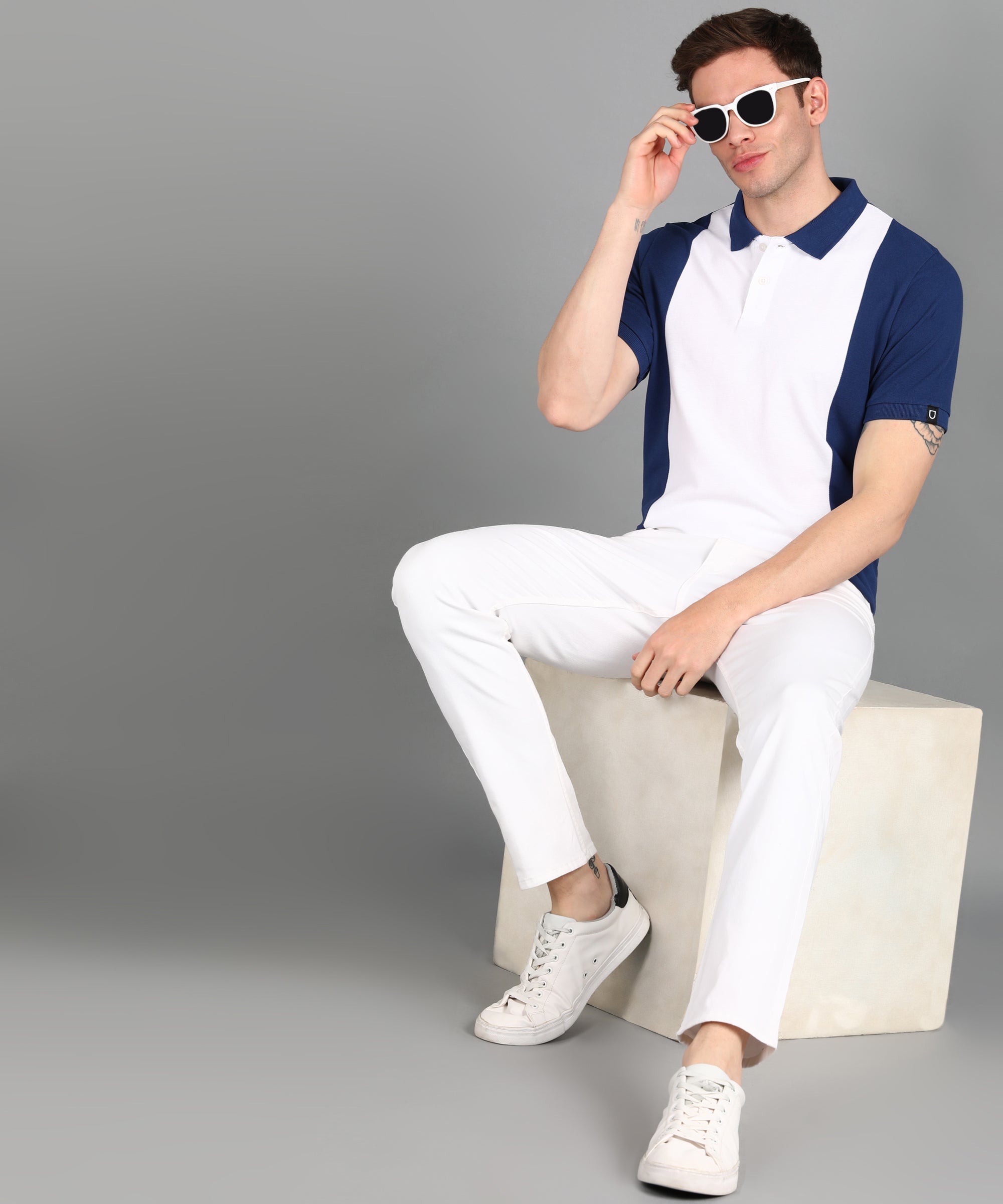 Men's White, Dark Blue Colour-Block Slim Fit Half Sleeve Cotton Polo T-Shirt