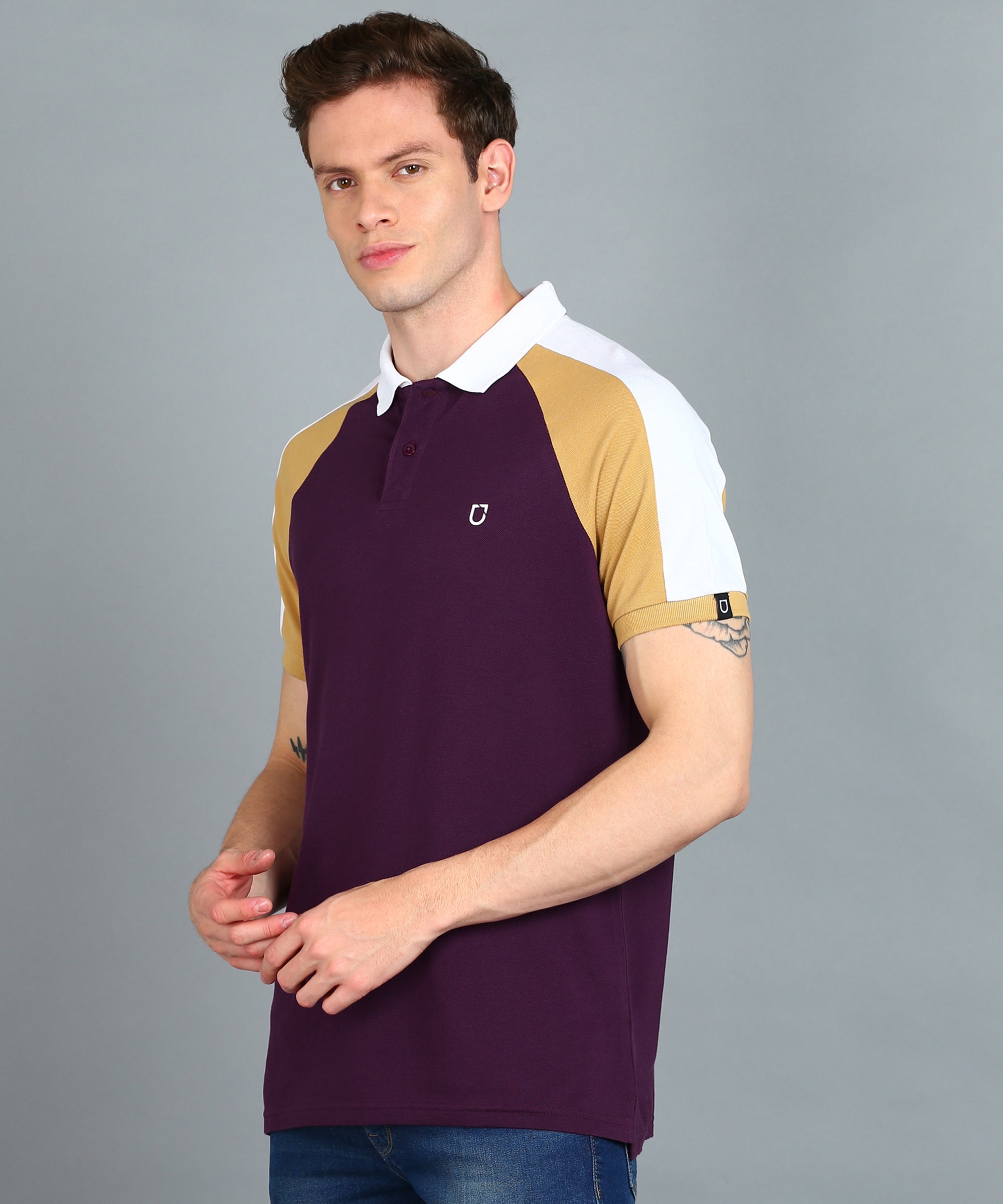 Men's Purple, White, Khaki Colour-Block Slim Fit Half Sleeve Cotton Polo T-Shirt