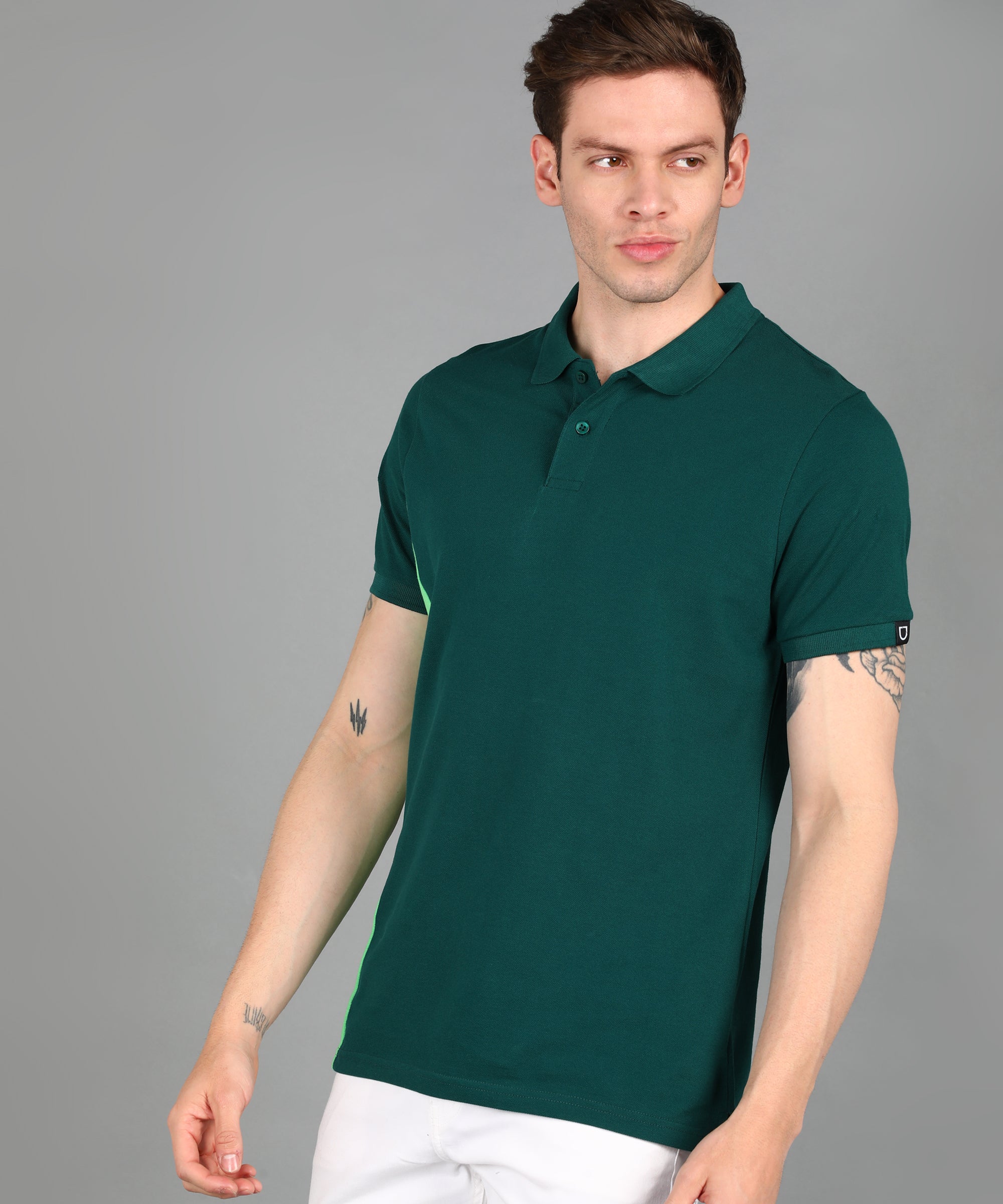 Men's Green Mint Colour-Block Slim Fit Half Sleeve Cotton Polo T-Shirt