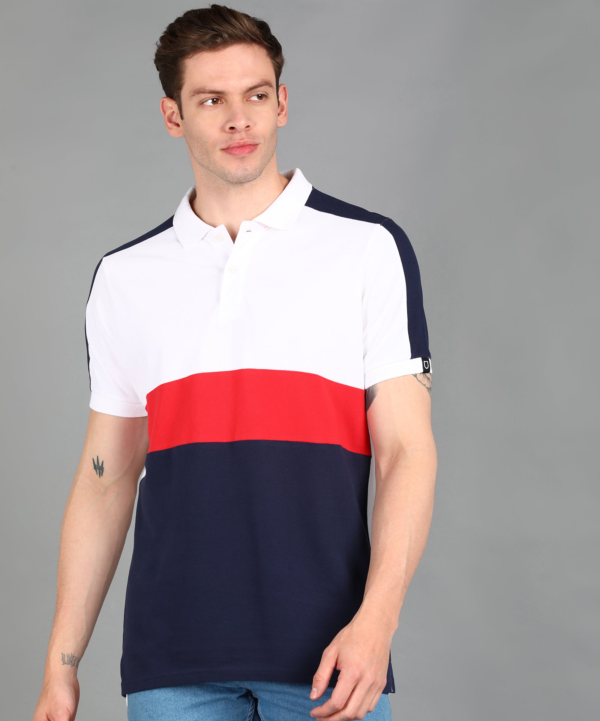 Men's White, Red, Navy Colour-Block Slim Fit Half Sleeve Cotton Polo T-Shirt