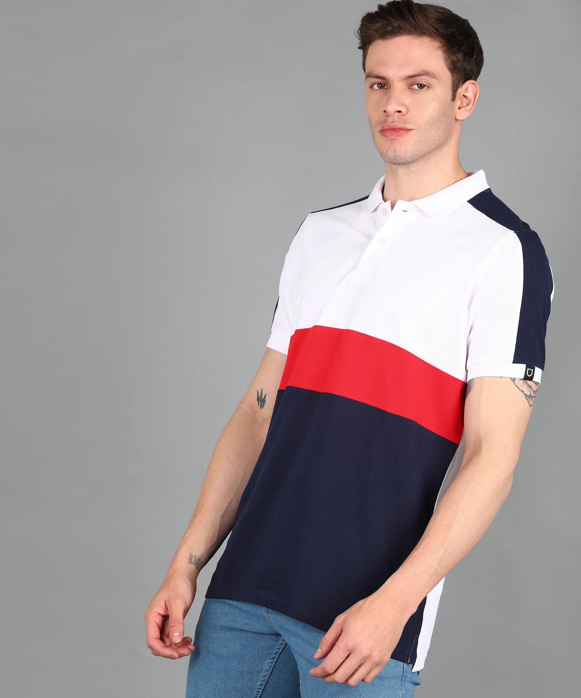 Men's White, Red, Navy Colour-Block Slim Fit Half Sleeve Cotton Polo T-Shirt