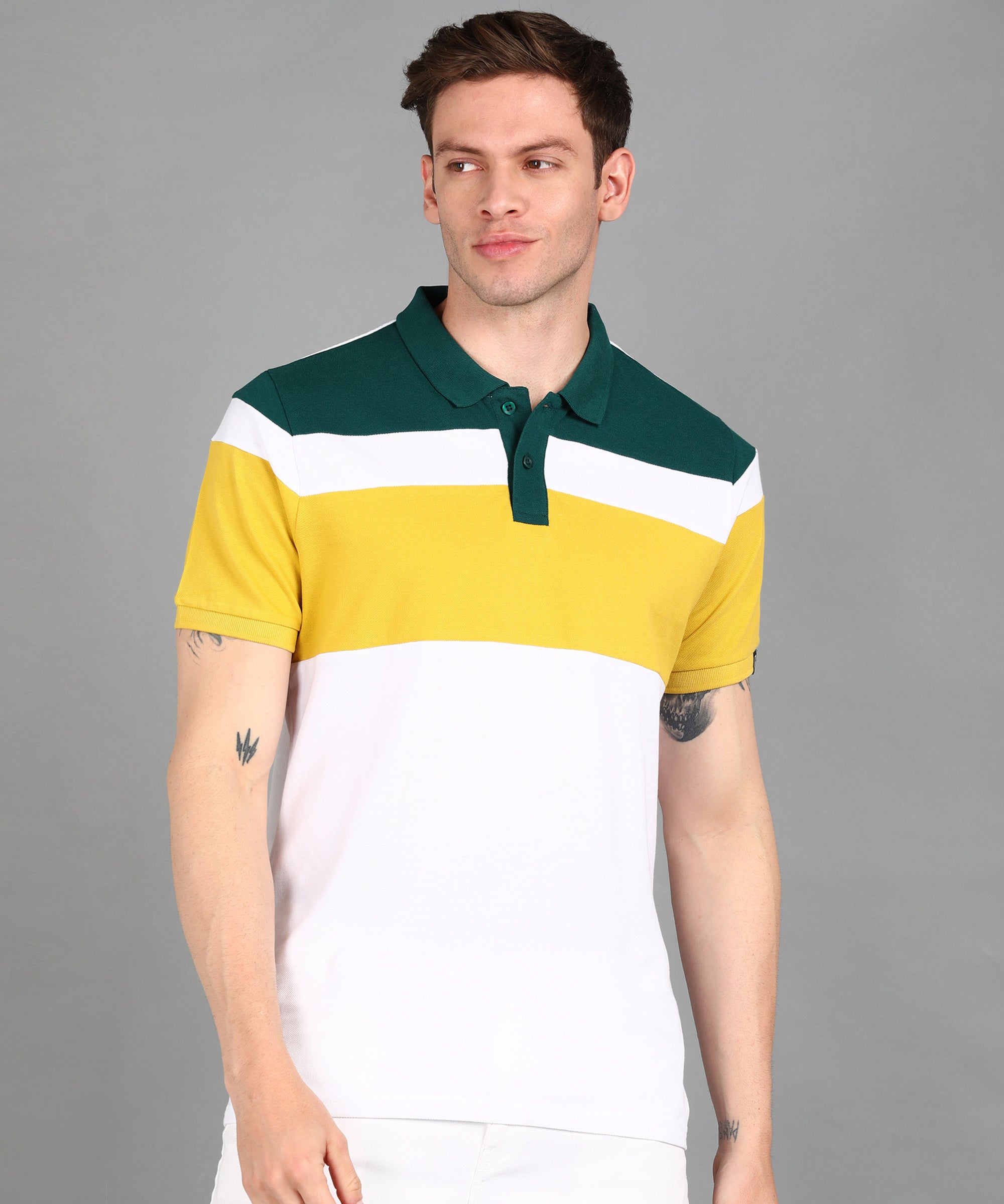 Men's White, Green, Yellow Colour-Block Slim Fit Half Sleeve Cotton Polo T-Shirt