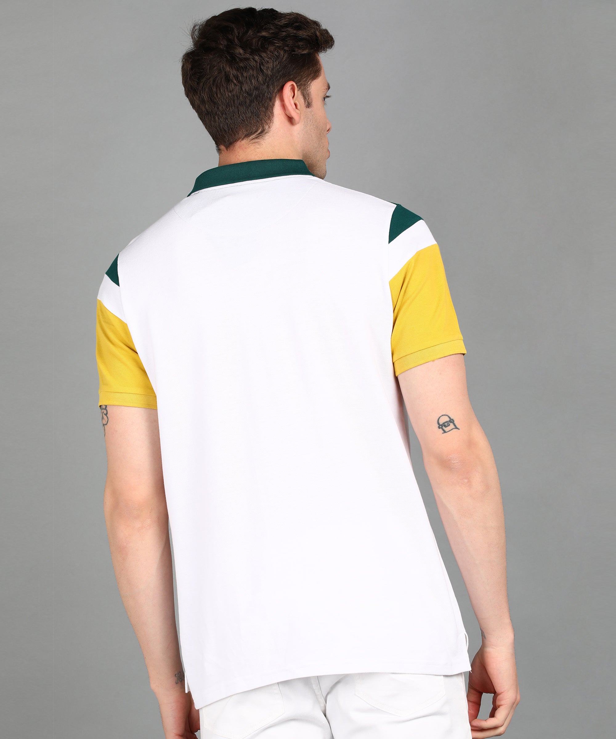 Men's White, Green, Yellow Colour-Block Slim Fit Half Sleeve Cotton Polo T-Shirt