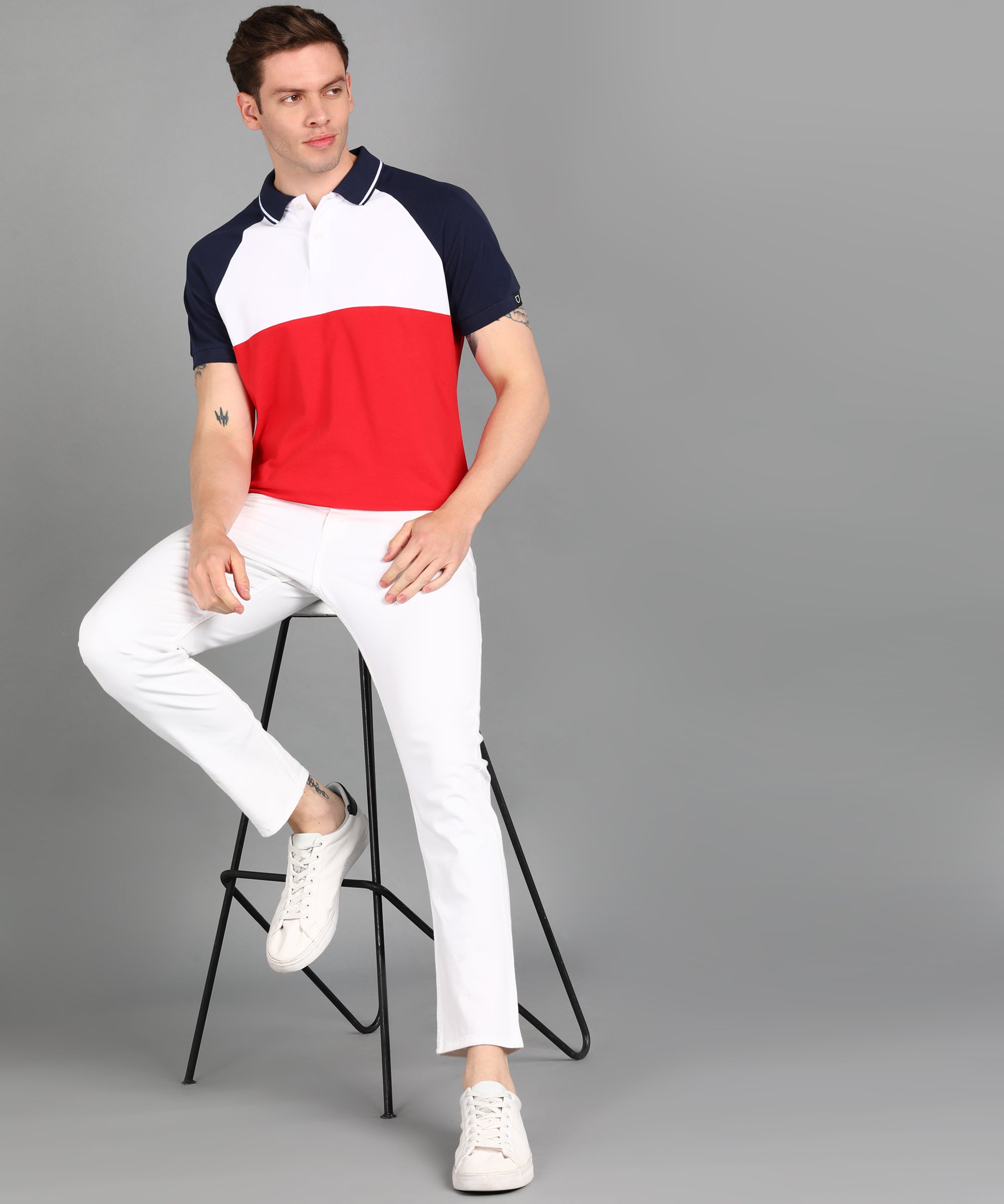 Men's White, Navy, Red Colour-Block Slim Fit Half Sleeve Cotton Polo T-Shirt