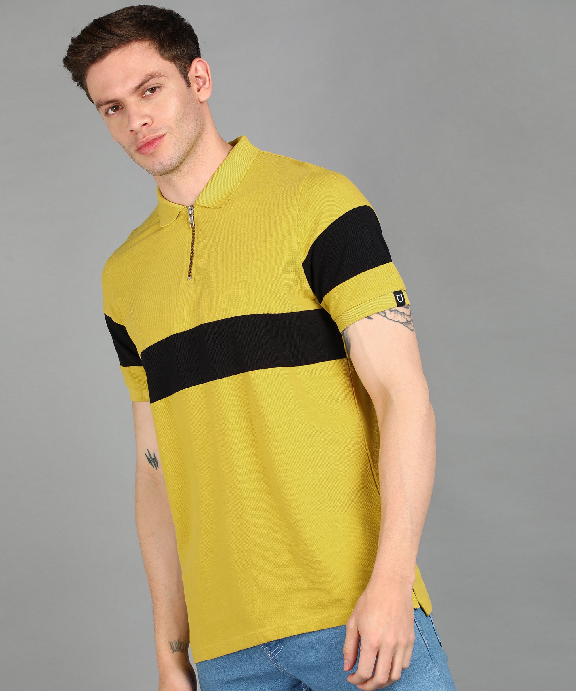 Men's Yellow, Black Colour-Block Slim Fit Half Sleeve Cotton Polo T-Shirt