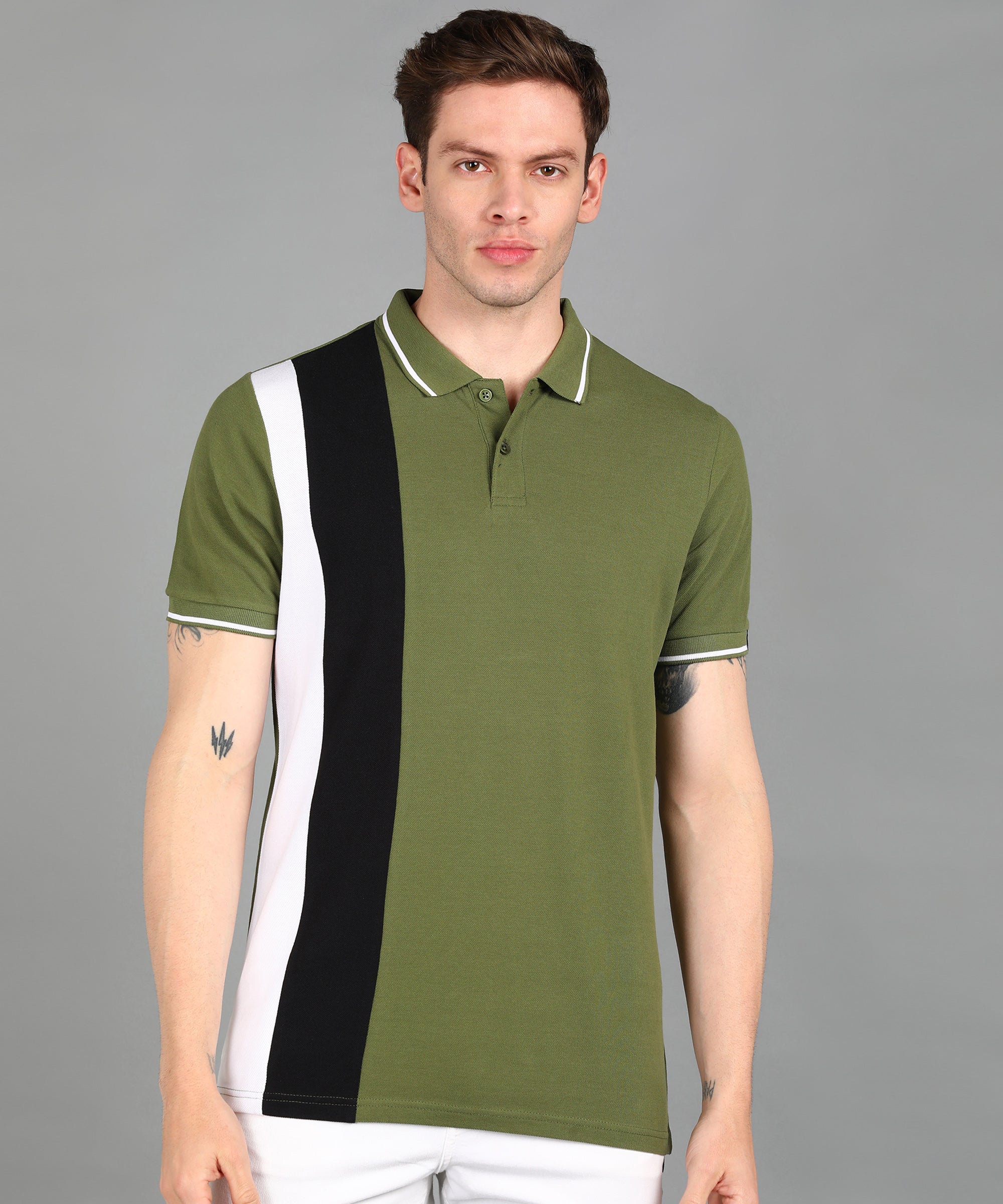Men's Olive, White, Black Colour-Block Slim Fit Half Sleeve Cotton Polo T-Shirt