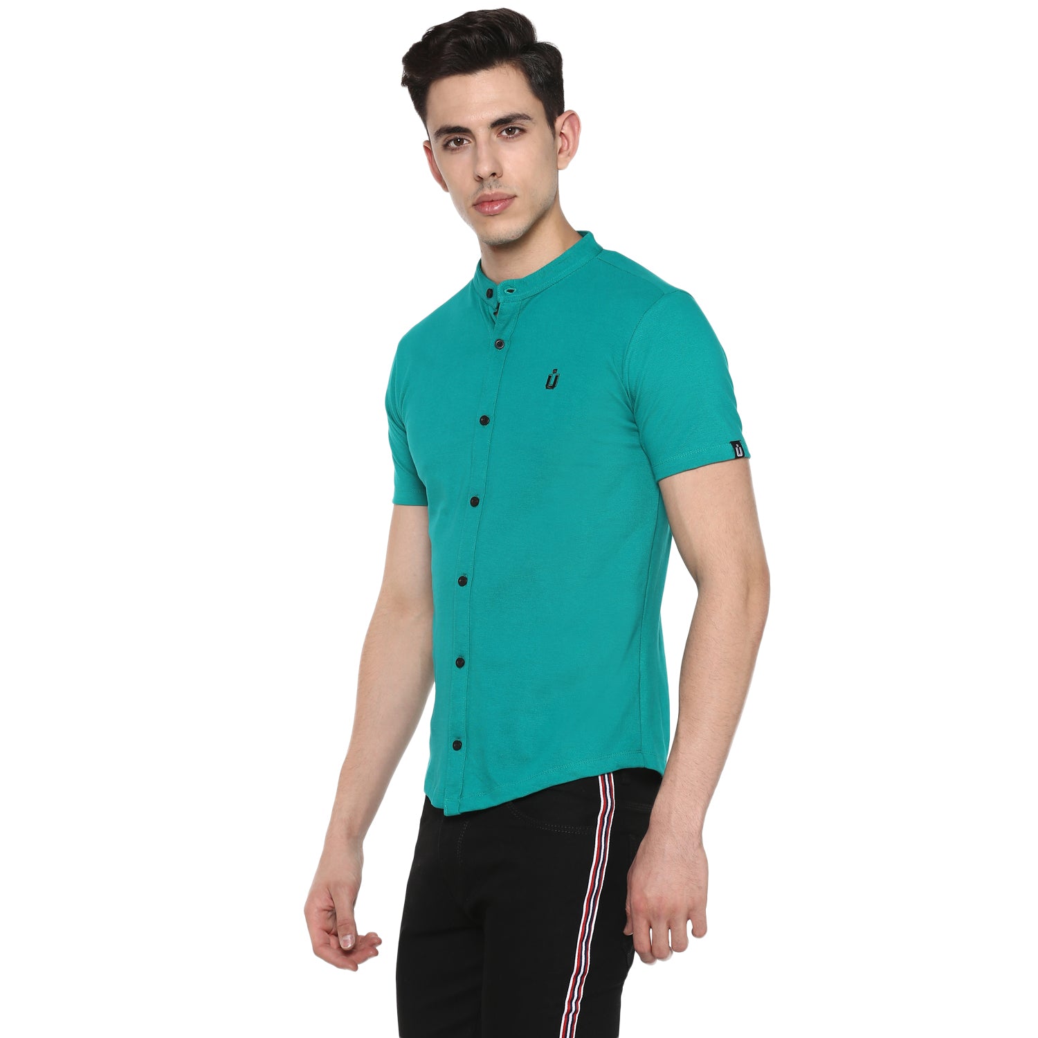 Men Teal Green Slim Fit Solid Casual Shirt