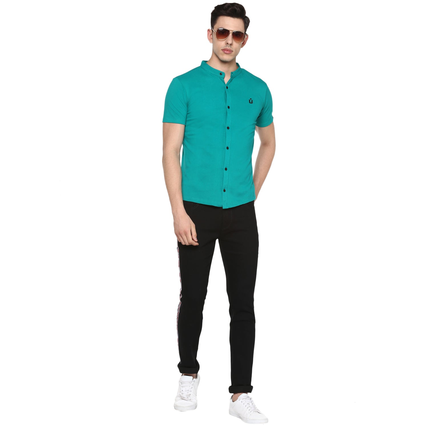 Men Teal Green Slim Fit Solid Casual Shirt